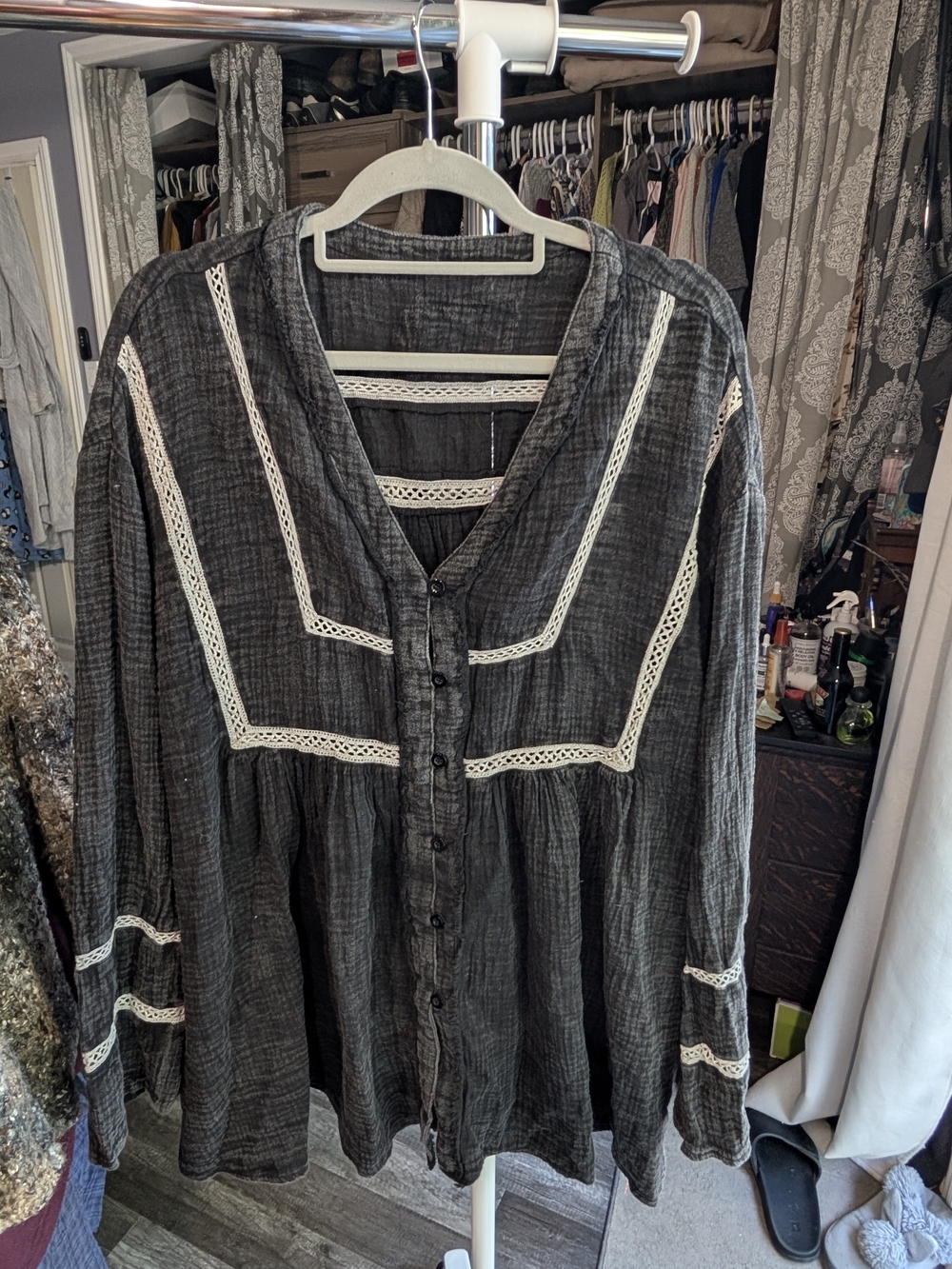 Unisex Black Gauze Button-Front Dress with Eyelet Trim Detail.